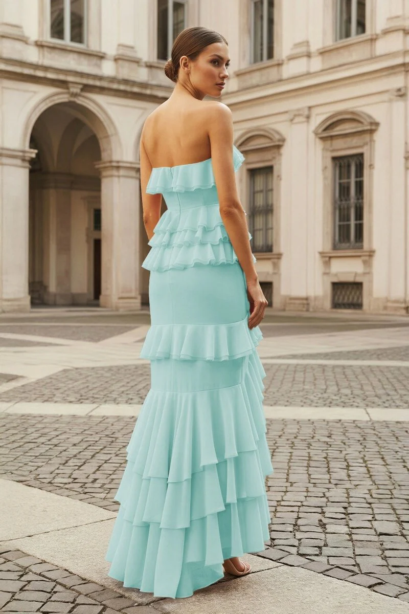 Pink Strapless Sheath Chiffon Ruffled Long Prom Dresses