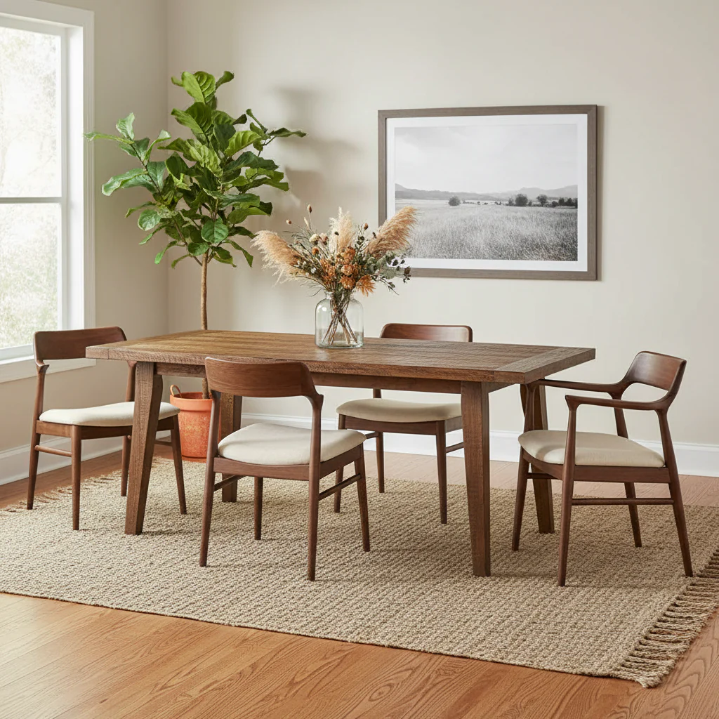 Dining table, light brown acacia wood, rectangular, 86-inch tabletop