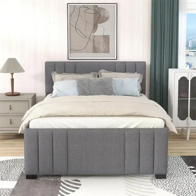 Full Platform Bed with Trundle - Grey Linen