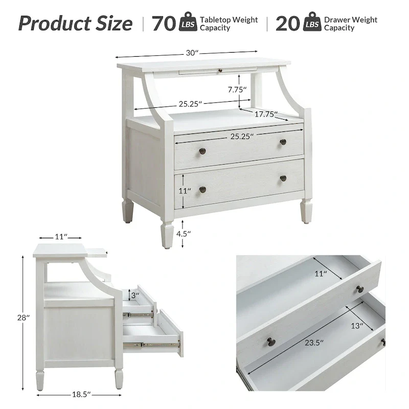 2-Drawer Nightstand with Built-In Outlets and Pull-Out Tray