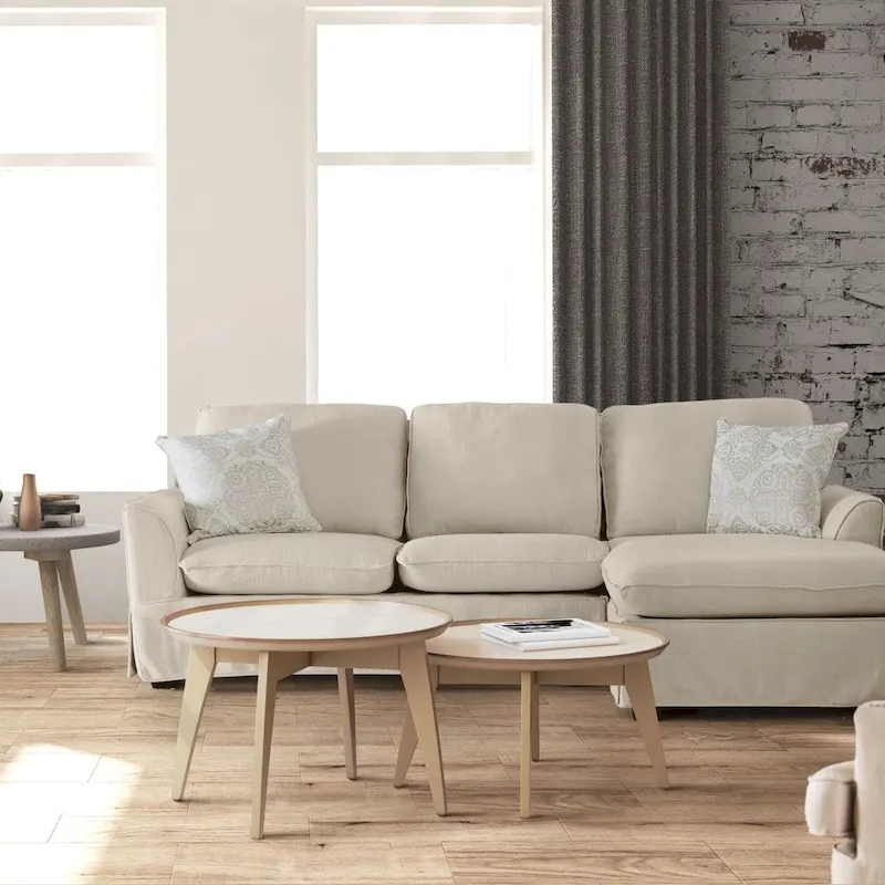 Grey Linen Skirted L-Shape Sectional Sofa - Right Facing