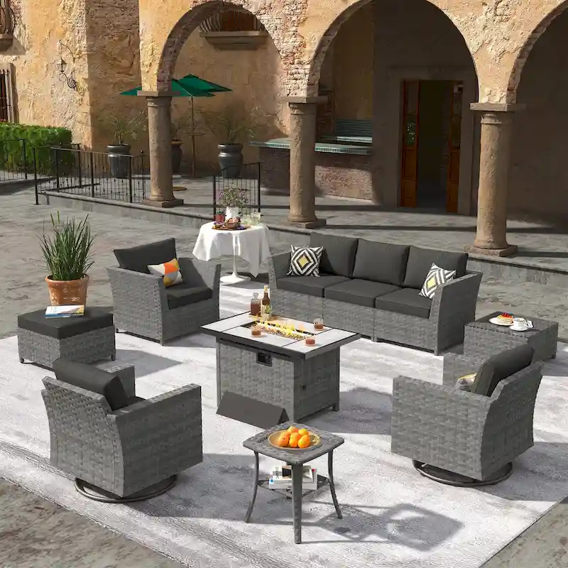 XIZZI 10-piece Outdoor Furniture Set Swivel Rocking Chair with Fire Pit