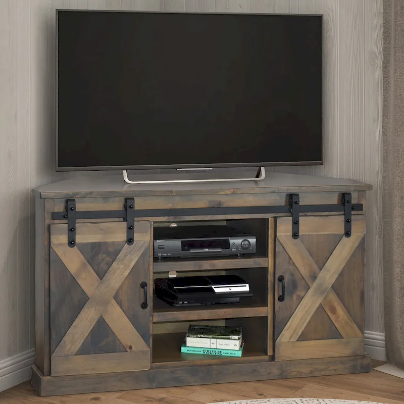 Farmhouse 66 inch Corner TV Stand for TVs up to 80 inches, No Assembly Required, Barnwood Finish