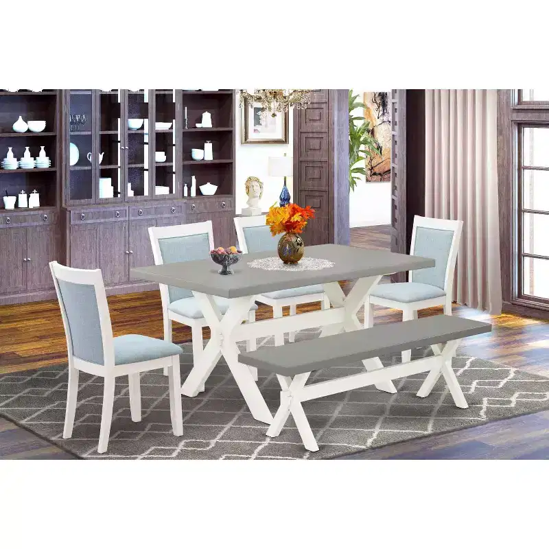 HomeStock 6-Piece Rectangle Wire Brushed Linen White Finish Solid Wood Top Dining Table with 1-Bench, 4-Chairs