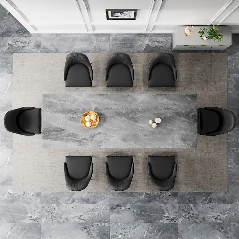 9 - Piece 110.24 Extendable Sintered Stone Dining Table and 8 Leather Chairs Dining Set