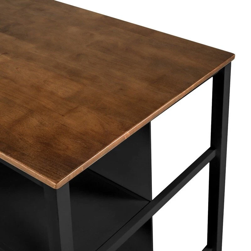 Solid Wood Rustic 45-Inch Fixed Kitchen Island, Rubberwood Butcher Block Dining & Prep Table With Two Open Shelves .