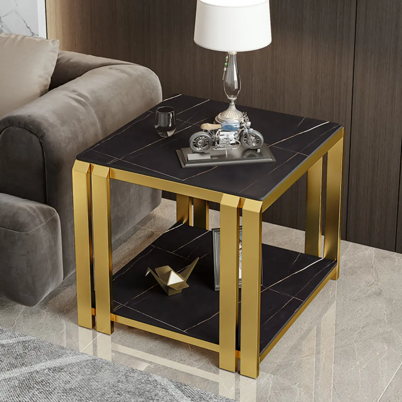 Gold-Black 2-Tier Stone Top Square Metal Frame Side Table