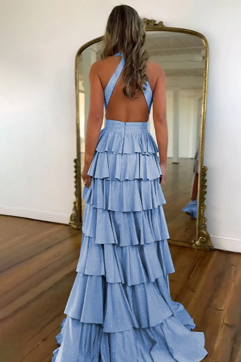 Sky Blue - A-Line V Neck Satin Beaded Long Prom Dresses With Ruffles