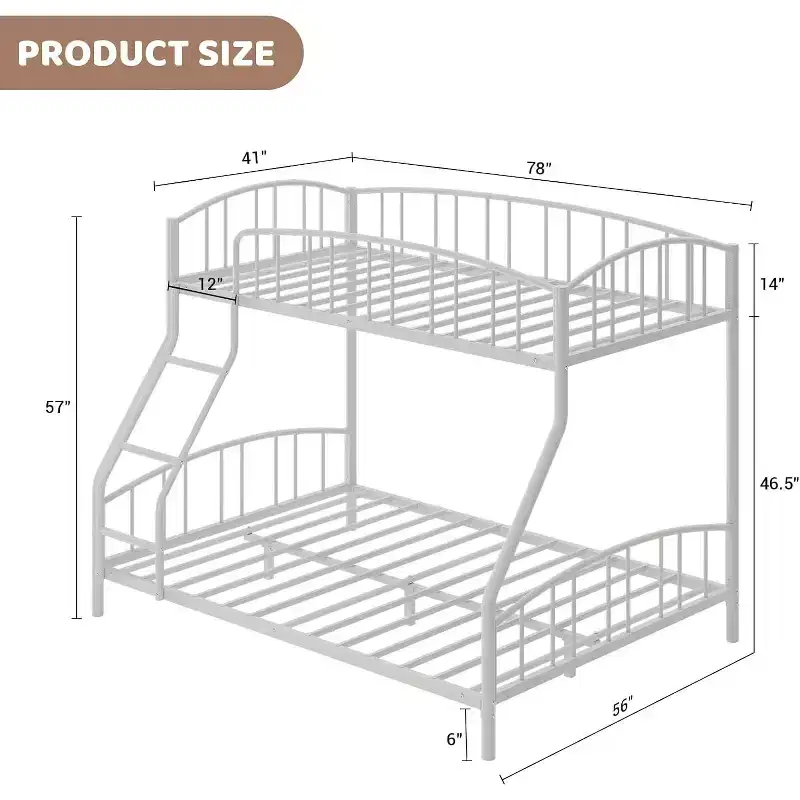 Twin Over Full Metal Bunk Bed, Space Saving Heavy Duty Steel Frame With Arched Guardrail And Ladder, Easy Assembly, No Box Spring Needed