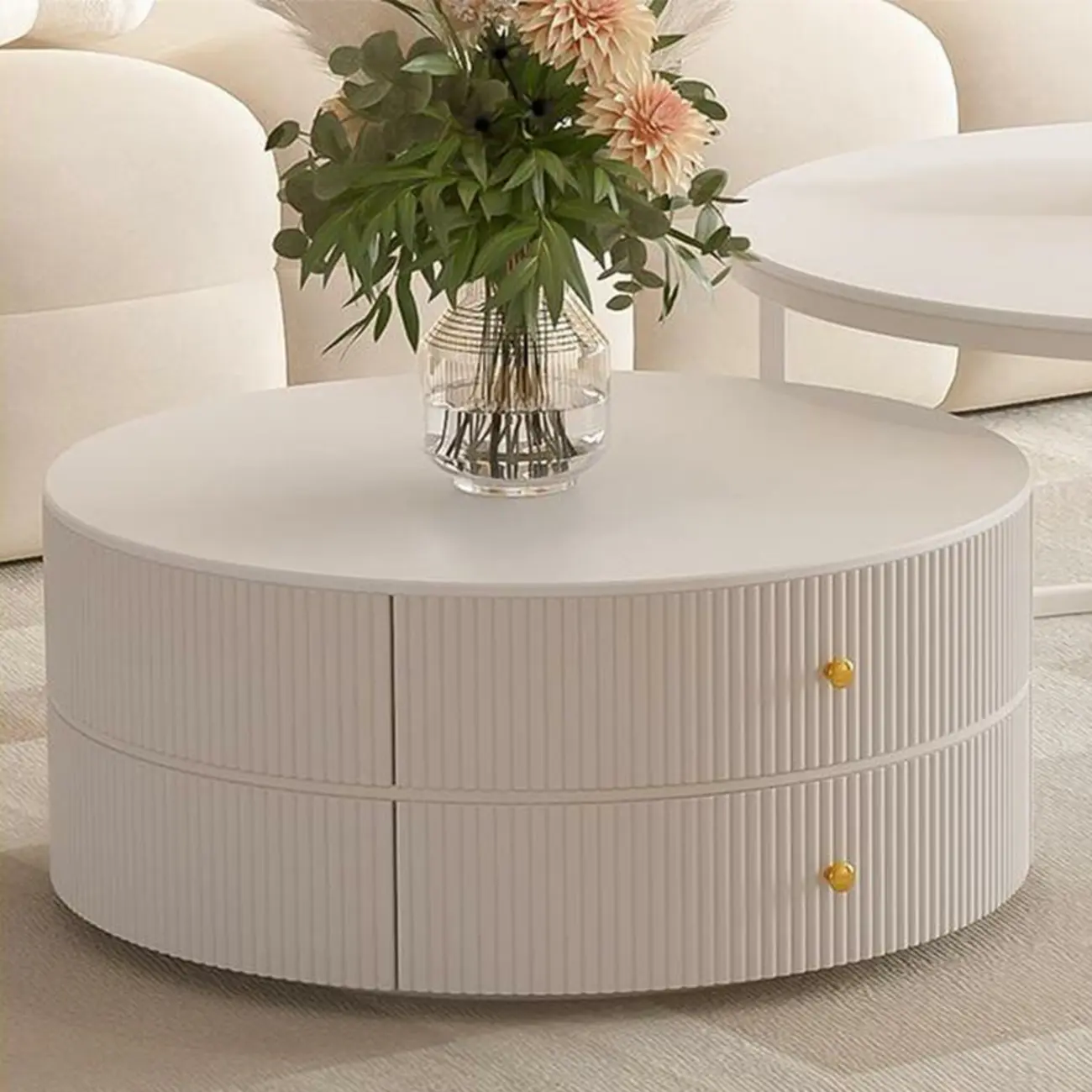 White Round Wheeled Round Wood Drawer Coffee Table
