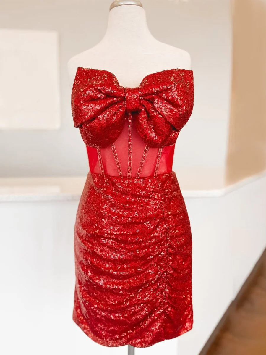 Red - Bodycon Strapless Sequined Mini Party Dresses With Bow
