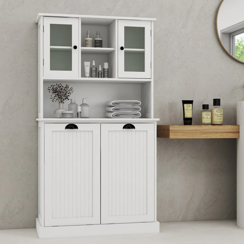 Two-Compartment Tilt-Out Dirty Laundry Basket Tall Bathroom Cabinet with 2 Adjustable Shelves-White