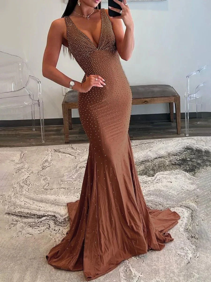 Mermaid Deep V-Neck Beaded Satin Long Prom Dress