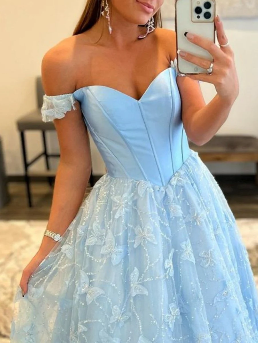 A Line Off the Shoulder Satin Lace Prom Dress