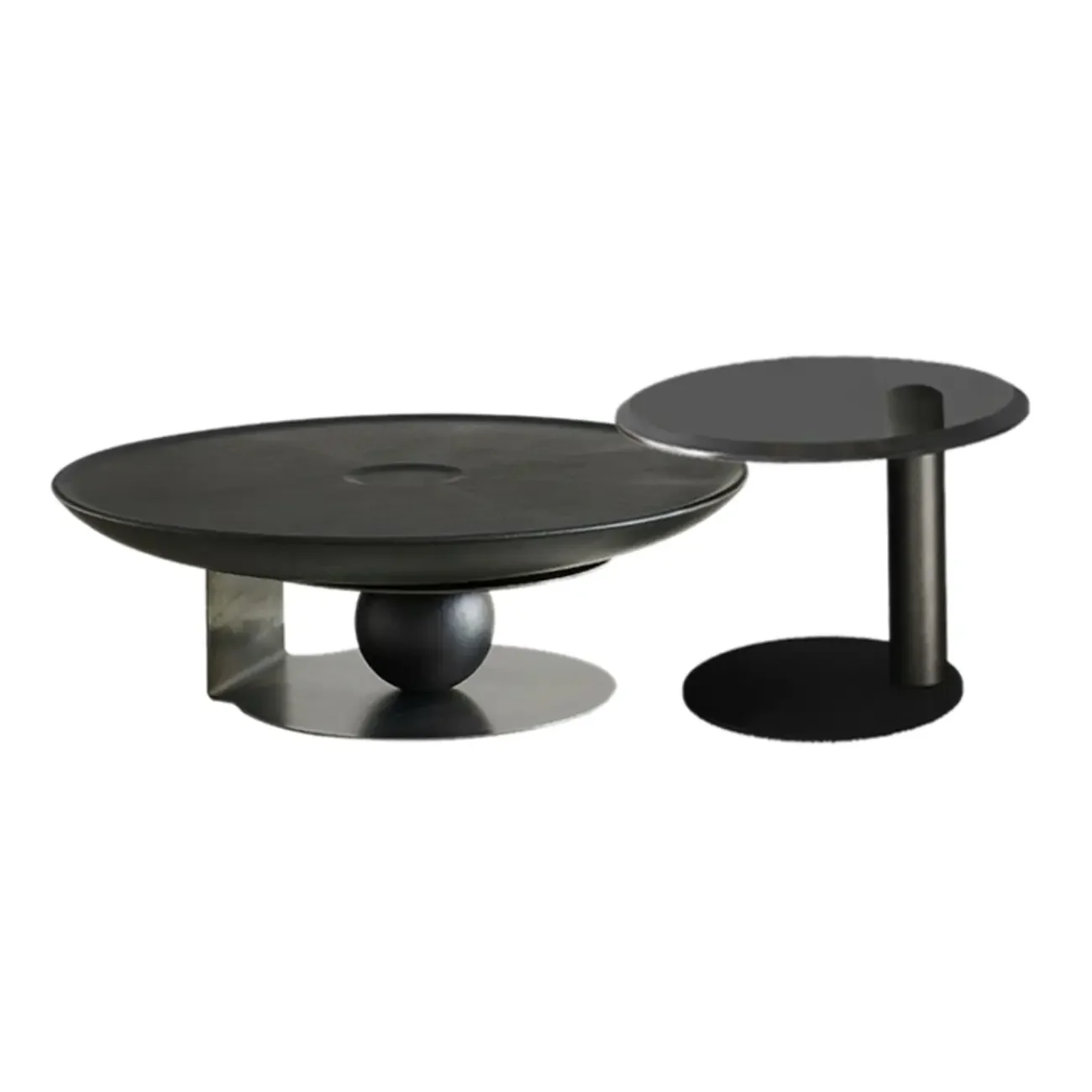 Tray Top Wood Walnut Abstract Base Round Coffee Table