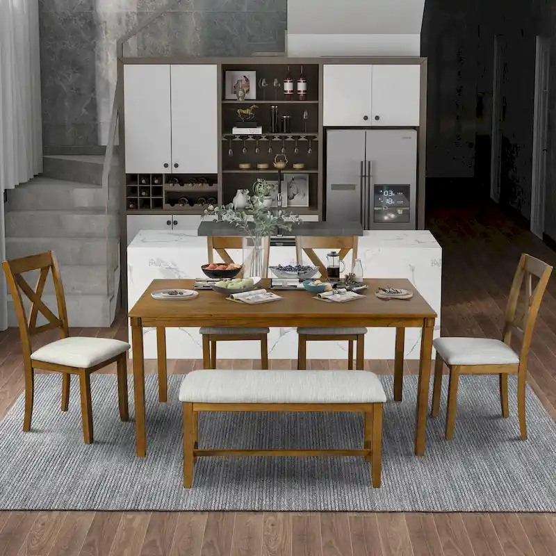6-Piece Wooden Kitchen Dining Table Set with 4 Chairs and Bench
