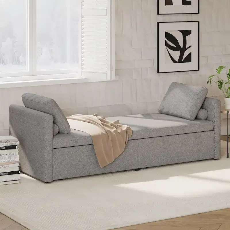 Modern Upholstered Chaise Lounger Daybed Small Single Daybed with 2 Drawers, No Mattress Needed