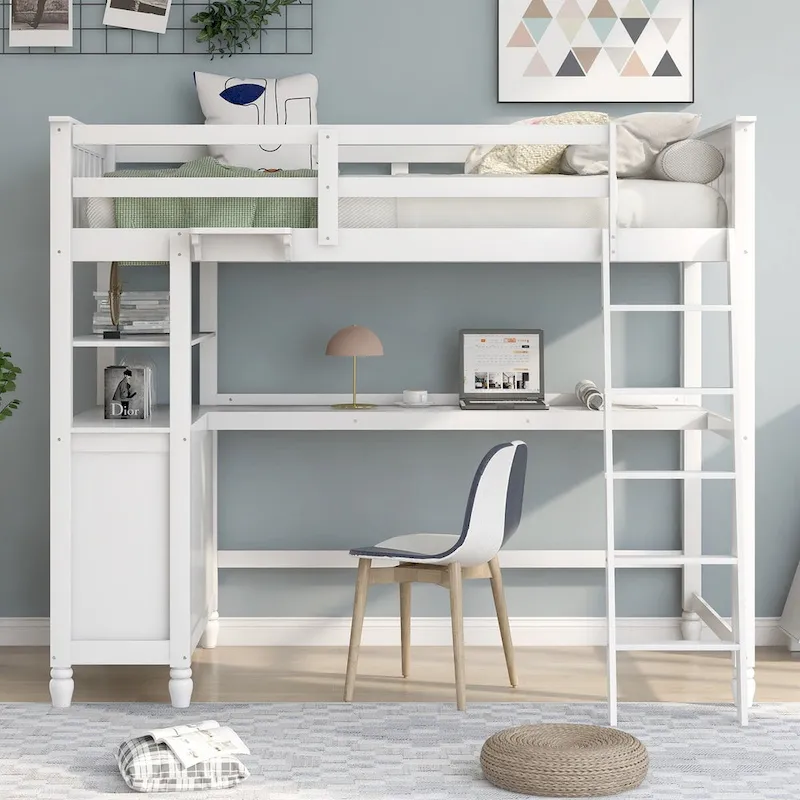 White / Grey / Espresso Pine Wood Twin Loft Bed with Desk, 6 Drawers and Shelves – 1-Person