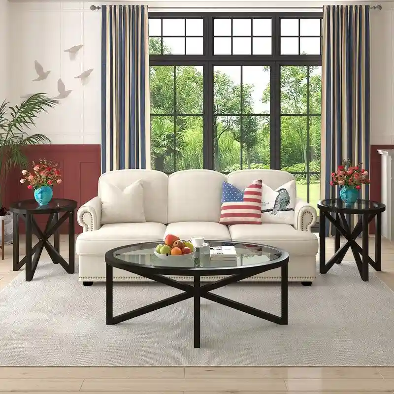 Black Round / Brown Oval Tempered Glass Top Coffee Table with X-Cross Solid Wood Base - Single Use