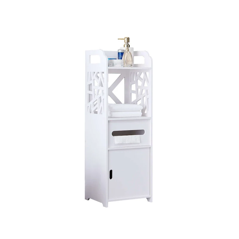White Glossy Bathroom Floor Storage Cabinet with Drawer & Open Shelves, 1-Person Use