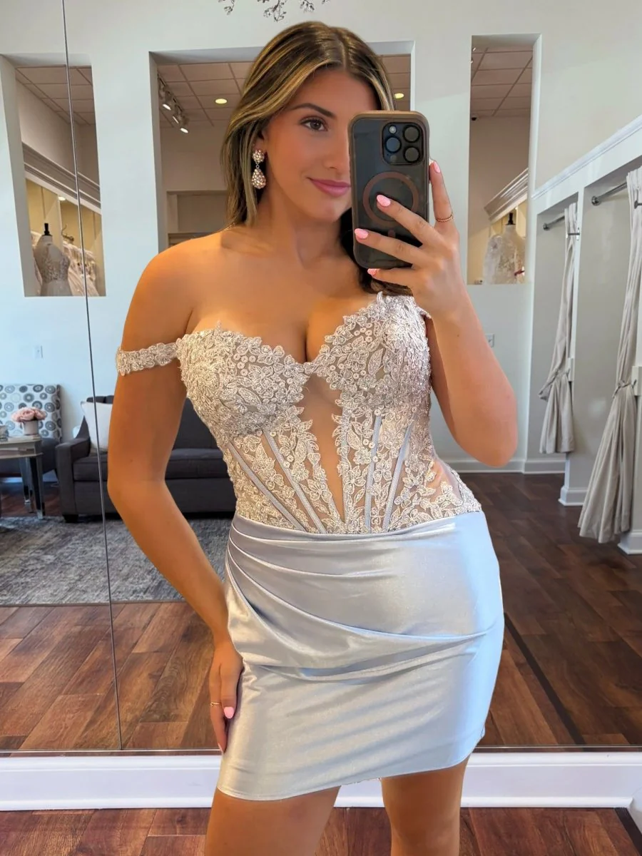 Silver - Off The Shoulder Bodycon Satin Pleated Homecoming Dresses With Appliques