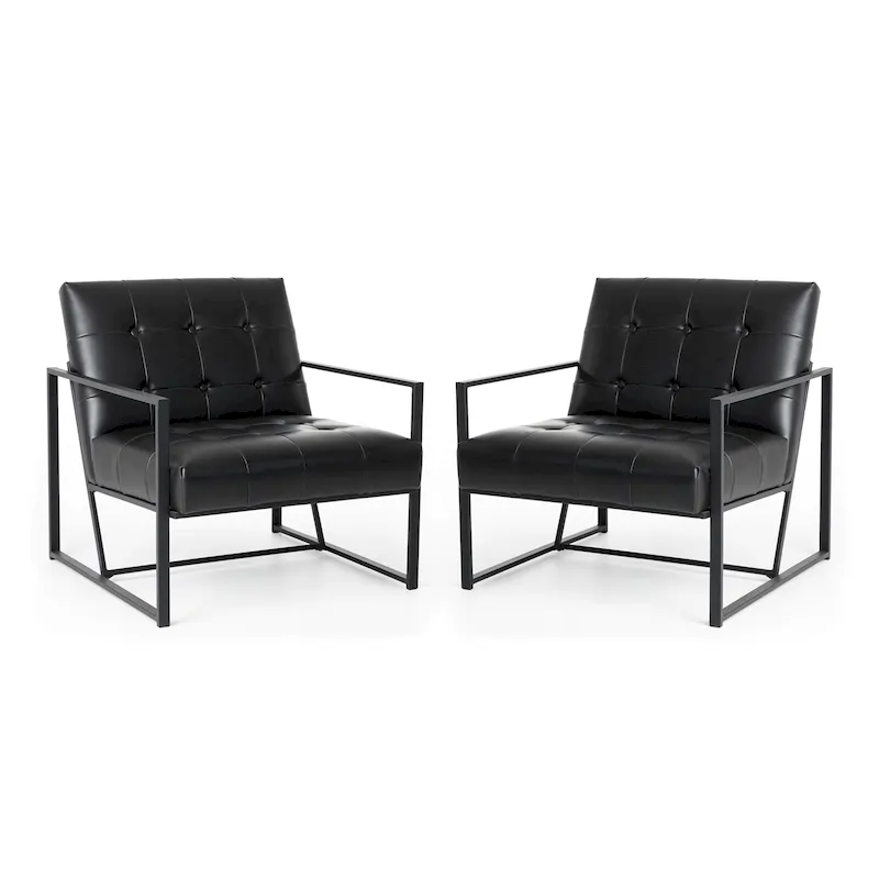 Mid-Century Tufted PU Leather Accent Chair, Set of 2 – Black / Brown / Green / Beige / Camel / Cream / Navy
