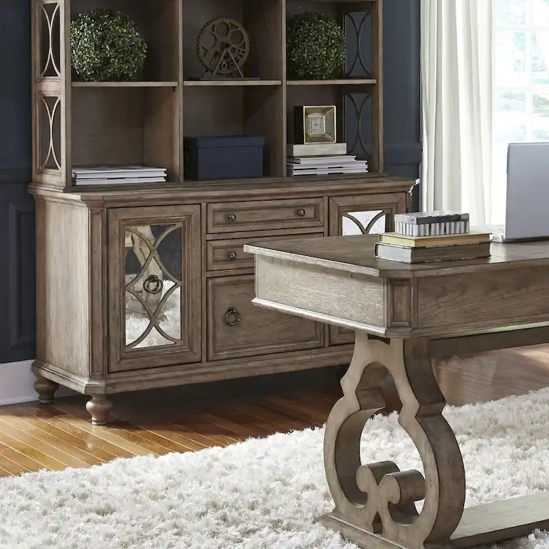 Heathered Taupe Wood Credenza with Mirrored Doors