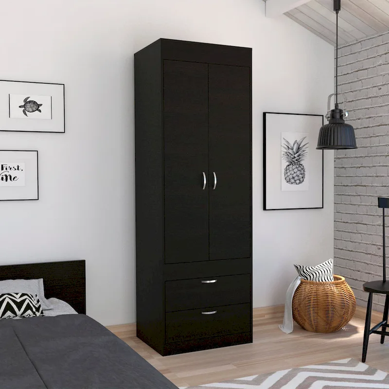 TUHOME Lisboa Armoire with Double Doors, 2 Drawers, and Hanging Rod