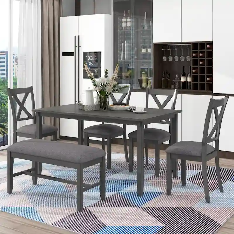 Gray Traditional 6-Piece Wooden Dining Table with 4 Upholstered Chairs and Bench