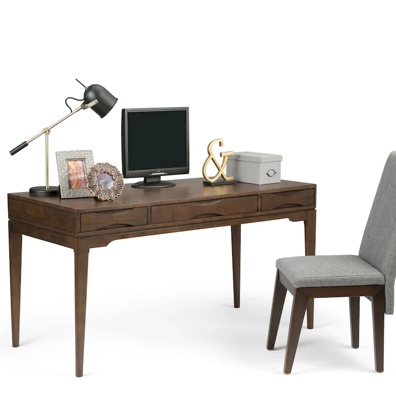 Mid-Century Writing Desk, Keyboard Tray & 2 Drawers, Walnut/White/Grey/Black, 1-Person