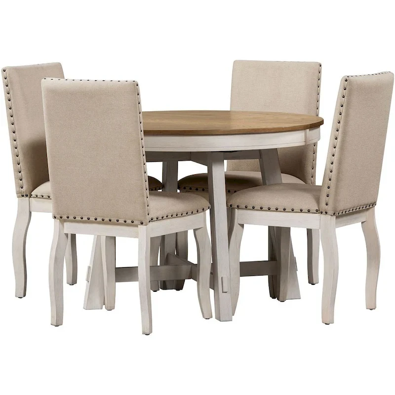 Wooden Round Drop Leaf Extendable Dining Table Set with 4 Upholstered Chairs