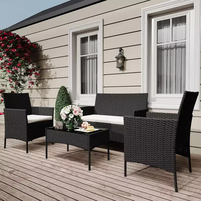 4 Piece Patio Furniture Set, Rattan Wicker Patio Conversation Set with Coffee Table, Outdoor Table and Chairs Set for Backyard Poolside,Black & Beige