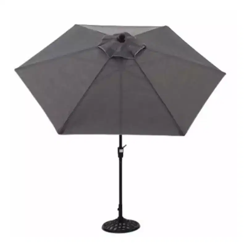 Four Seasons Courtyard 9 Foot Norwalk Market Patio Umbrella with Push Button Tilt, Steel Ribs and Aluminum Pole for Outdoor Space, Gray