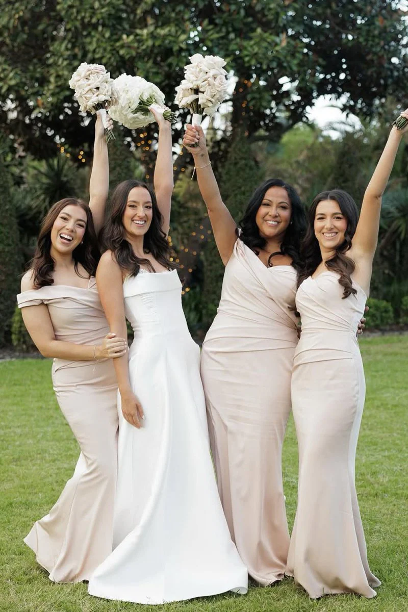 Mermaid Off the Shoulder Champagne Elastic Satin Long Bridesmaid Dresses