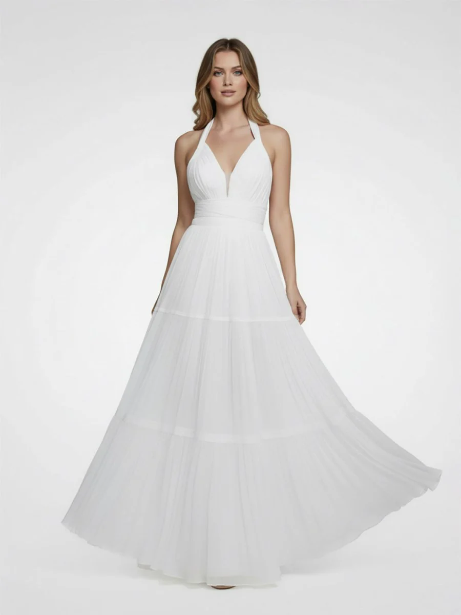 Bohemian Halter A Line Tulle Brush Train Wedding Dress with Ruching