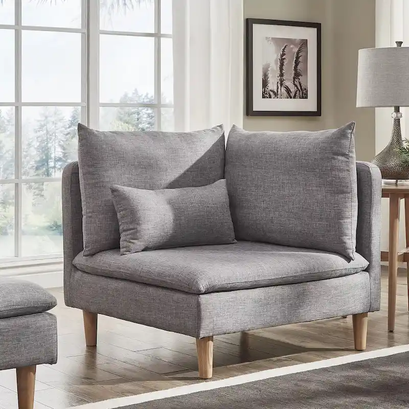 Modular Mid-Century Corner Chair – Grey Linen, Oak Legs, 2 Back Cushions & Accent Pillow