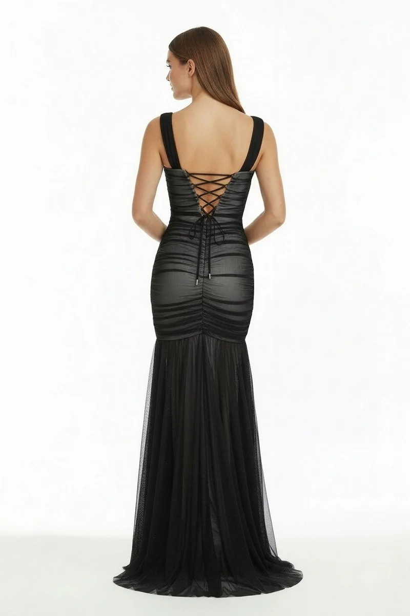 Black Off The Shoulder Mermaid Tulle Pleated Long Formal Prom Dresses