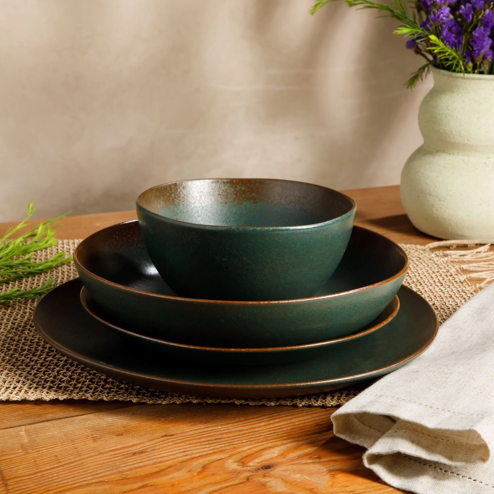 Bloomhouse Palermo Sun 16 Piece Double Bowl Stoneware Reactive Glaze Plates and Bowls Dinnerware Set
