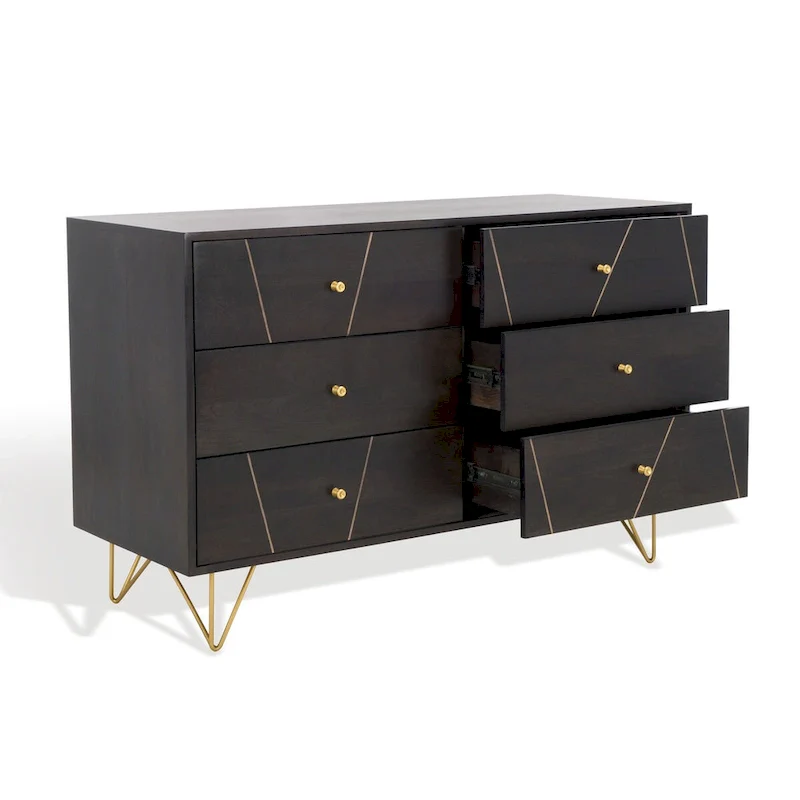 Black & Gold 6-Drawer Dresser with Steel Hairpin Legs, Single-User
