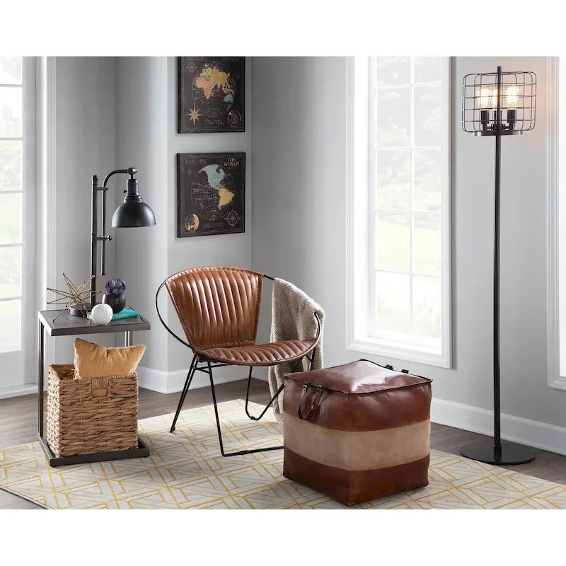 Carbon Loft Najah Industrial Pouf Ottoman in Leather and Canvas