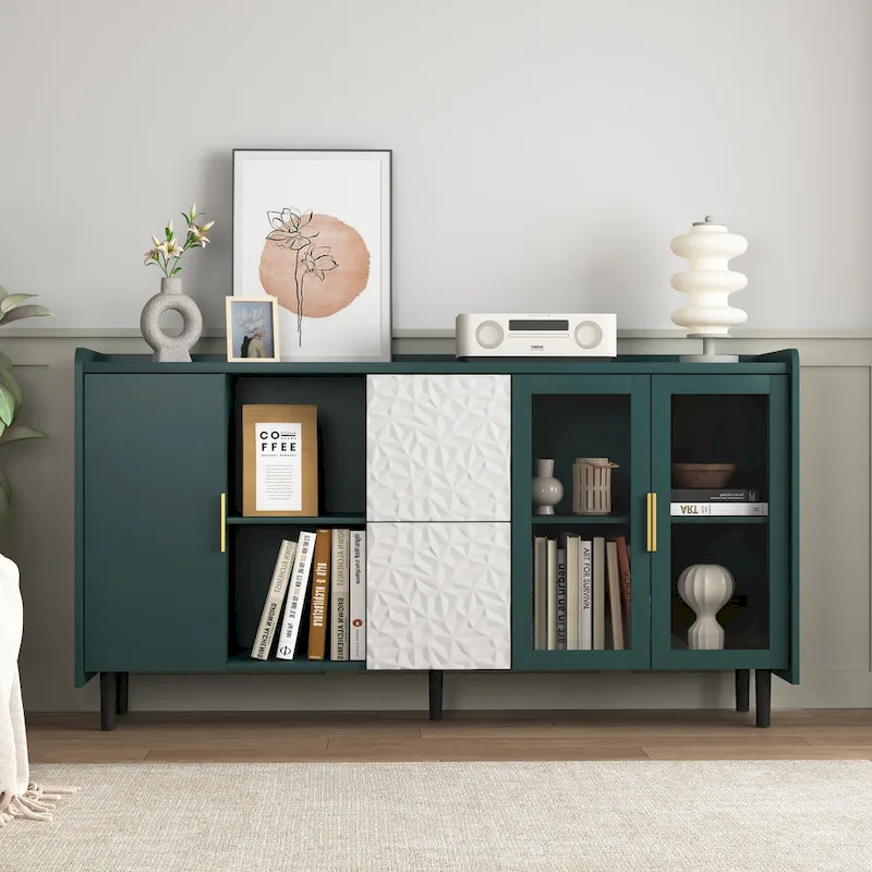 Blue / Green Modern Sideboard Cabinet with 2 Glass Doors, 2 Drawers & 2 Open Compartments