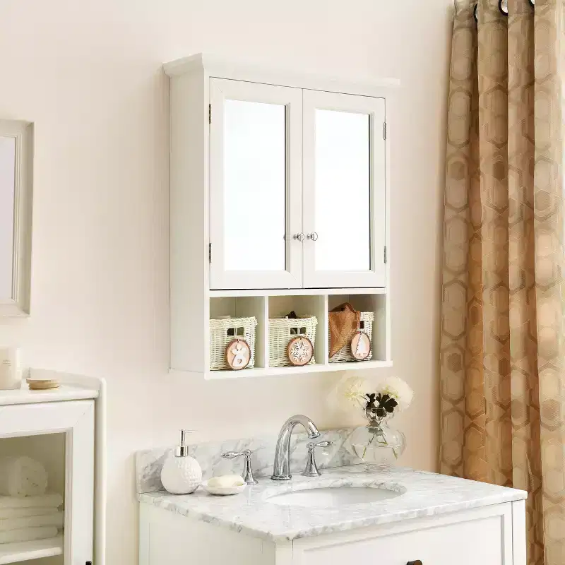 GDFStudio Taemin Modern Wooden Bathroom Storage Cabinet with Mirror, 2 Doors and 3 Plastic Baskets