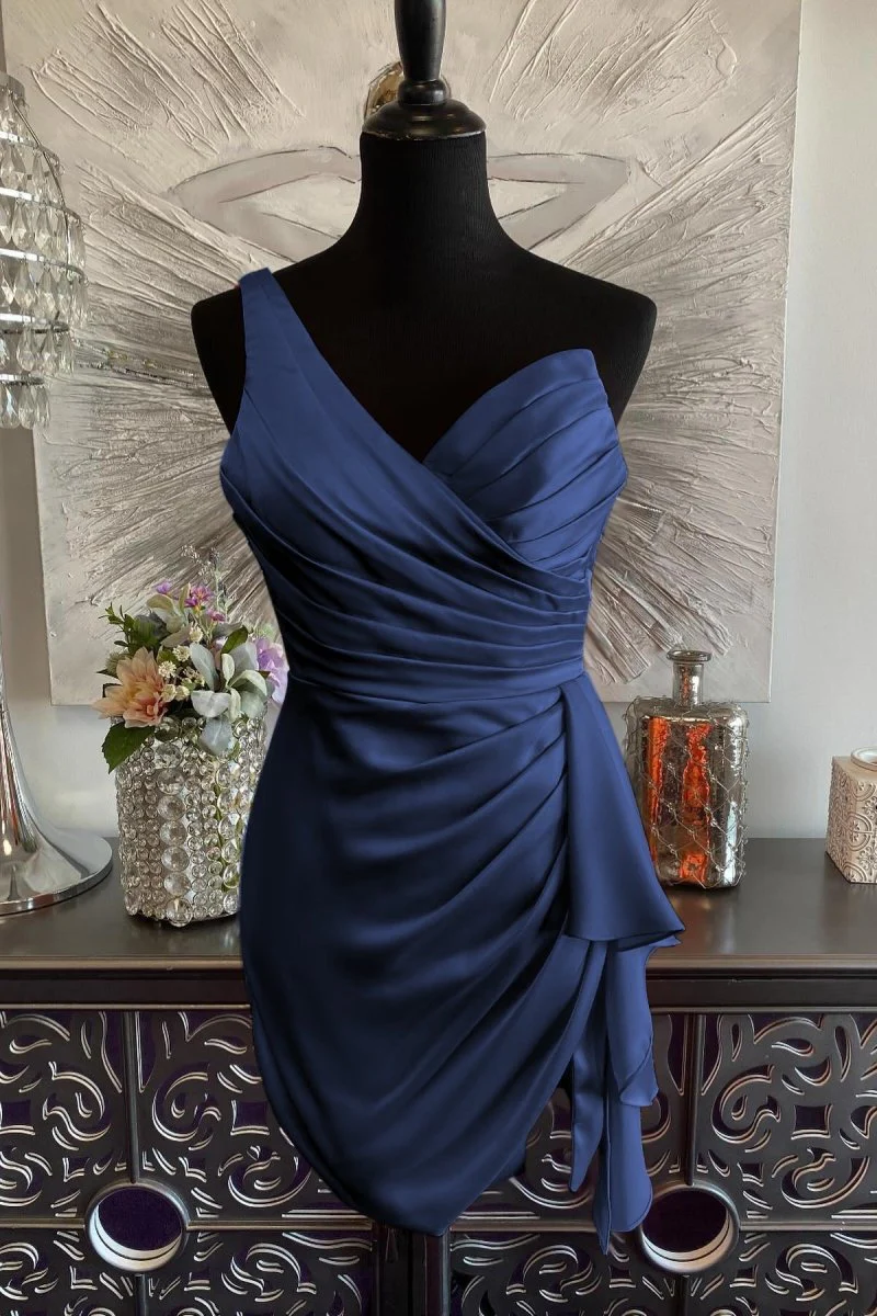 Navy Blue - One Shoulder Spandex Pleated Homecoming Dresses With Slit