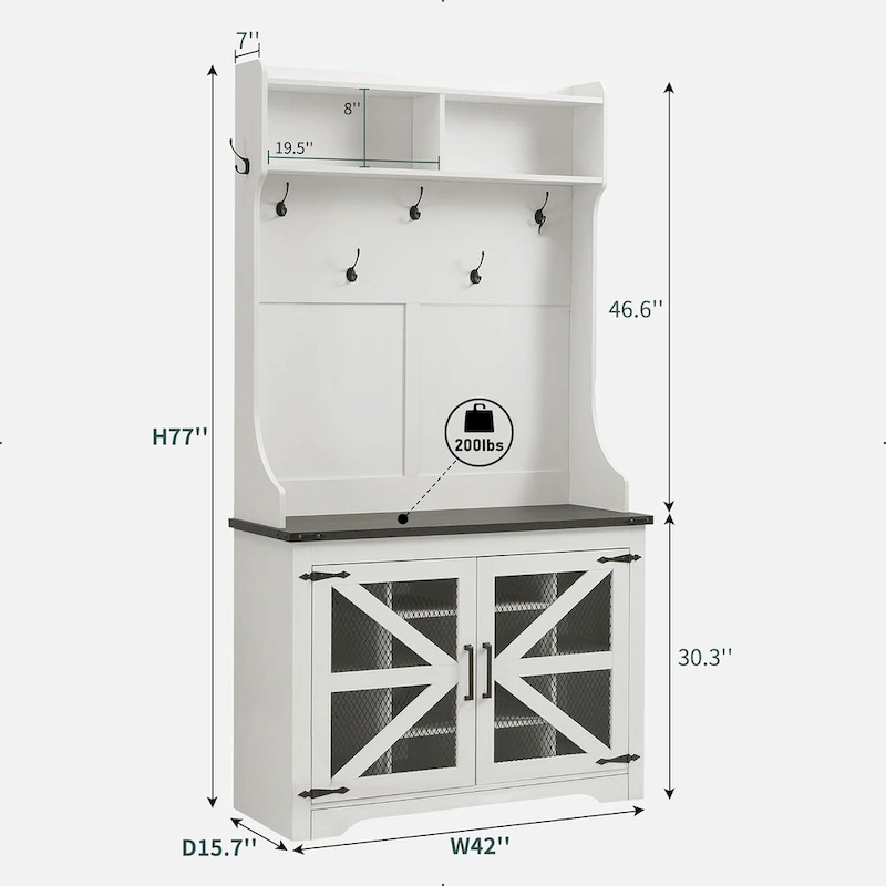 42 Wide Farmhouse Entryway Bench with Coat Rack, Mudroom Cabinet