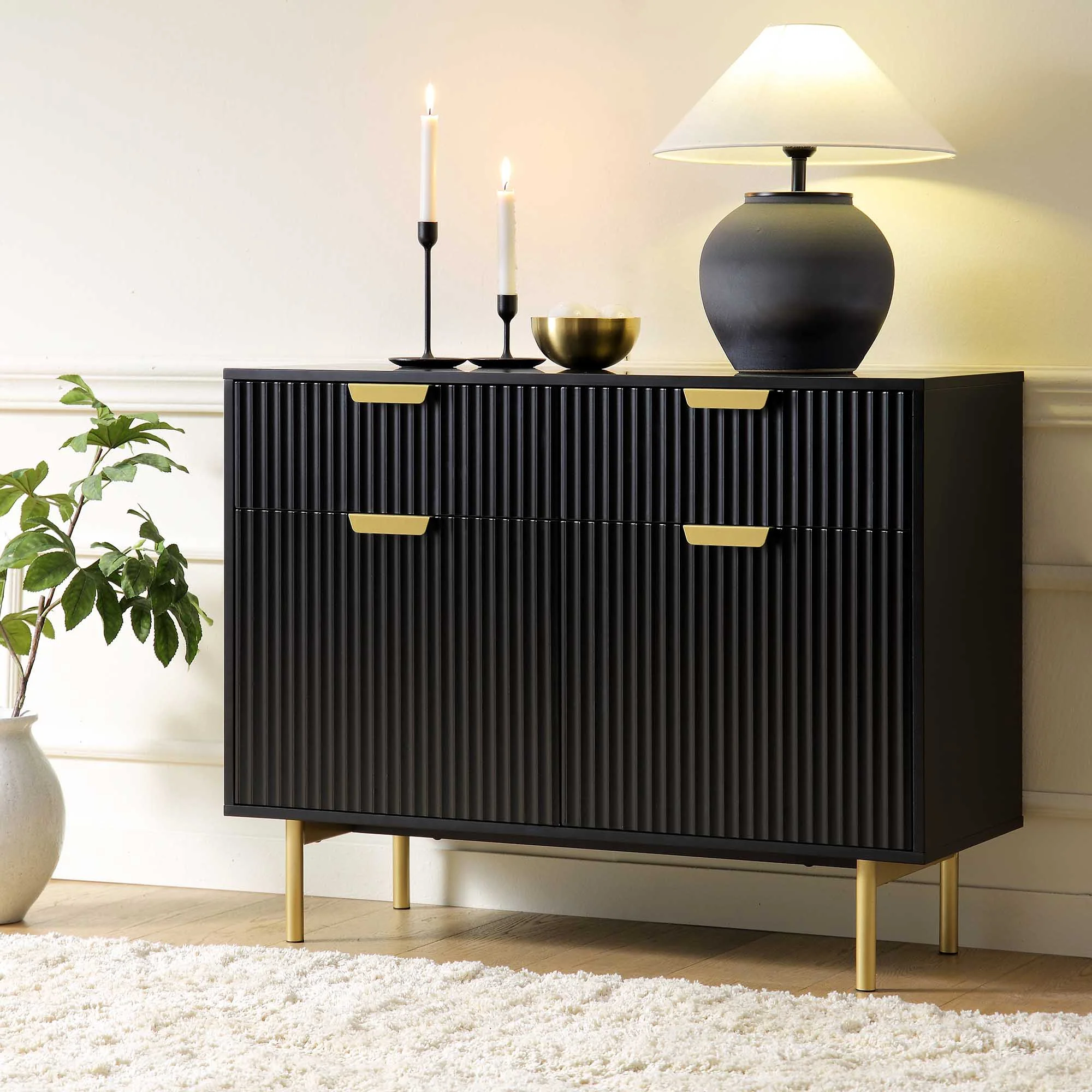 Ridged 2-Door Cabinet with Drawers, Matte Black