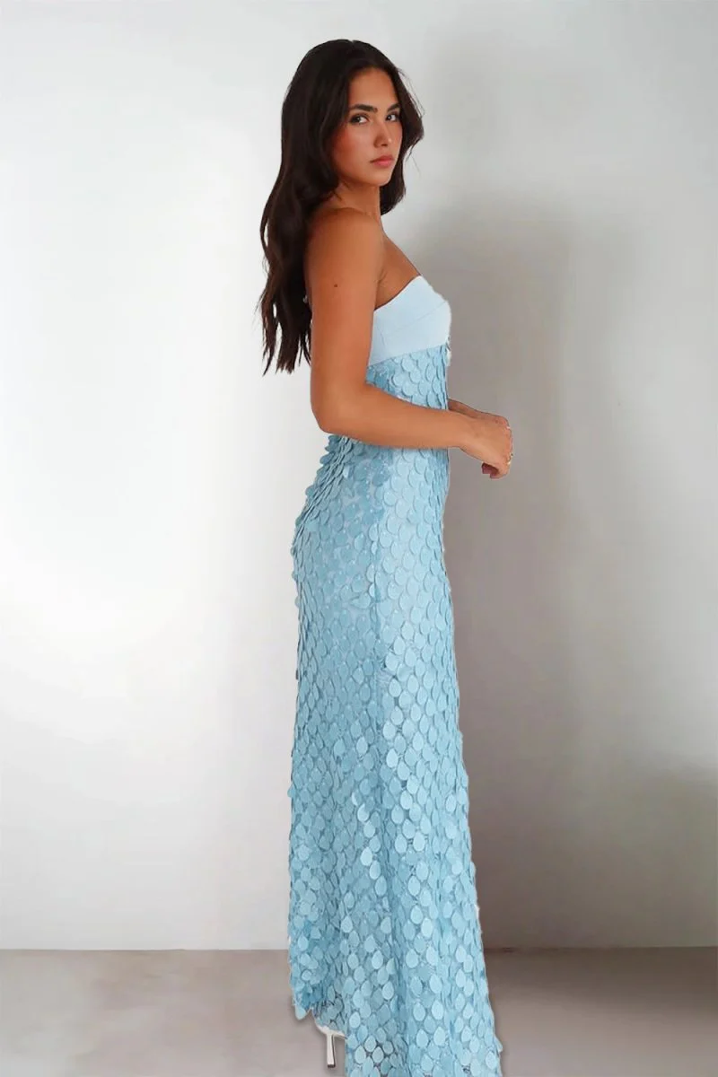 Blue - Sheath Strapless Long Prom Dresses with Sequins