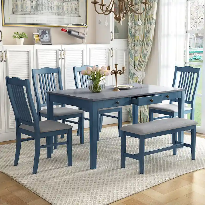 Antique Blue / Grey 6-Piece Dining Set for 5 – Table, 4 Chairs & Bench