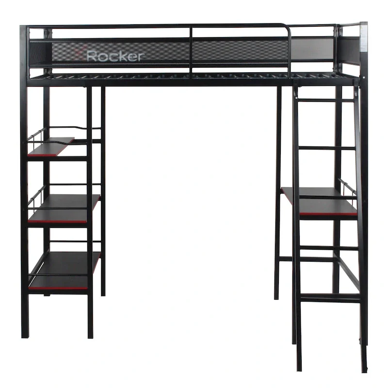 Black Gaming Bunk w/ Built-in Desk and Shelves