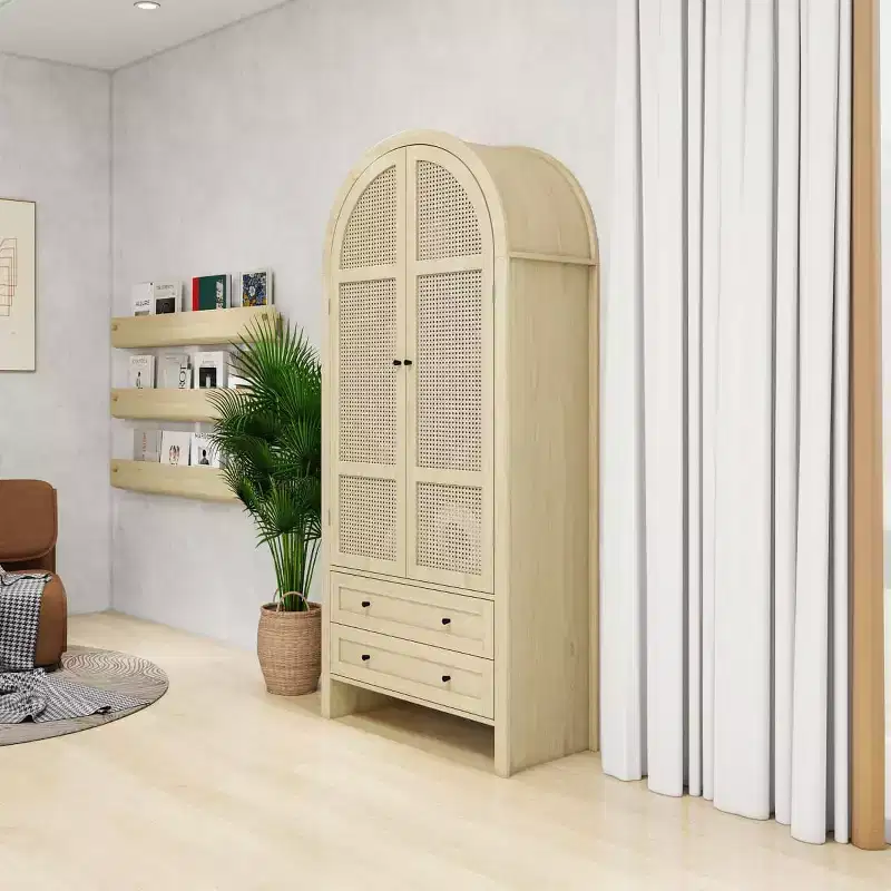 70.28 Tall Arched Kitchen Pantry Cabinet with Rattan Doors, Natural Storage Cabinet with 2 Drawers and Adjustable Shelves - Panipeachy