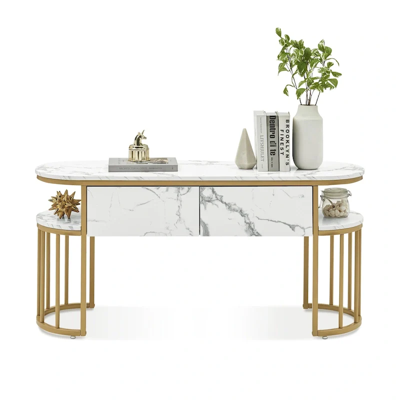 Ivinta White Sofa Table, Modern Faux Marble Top, Console Table with Gold Metal Frame